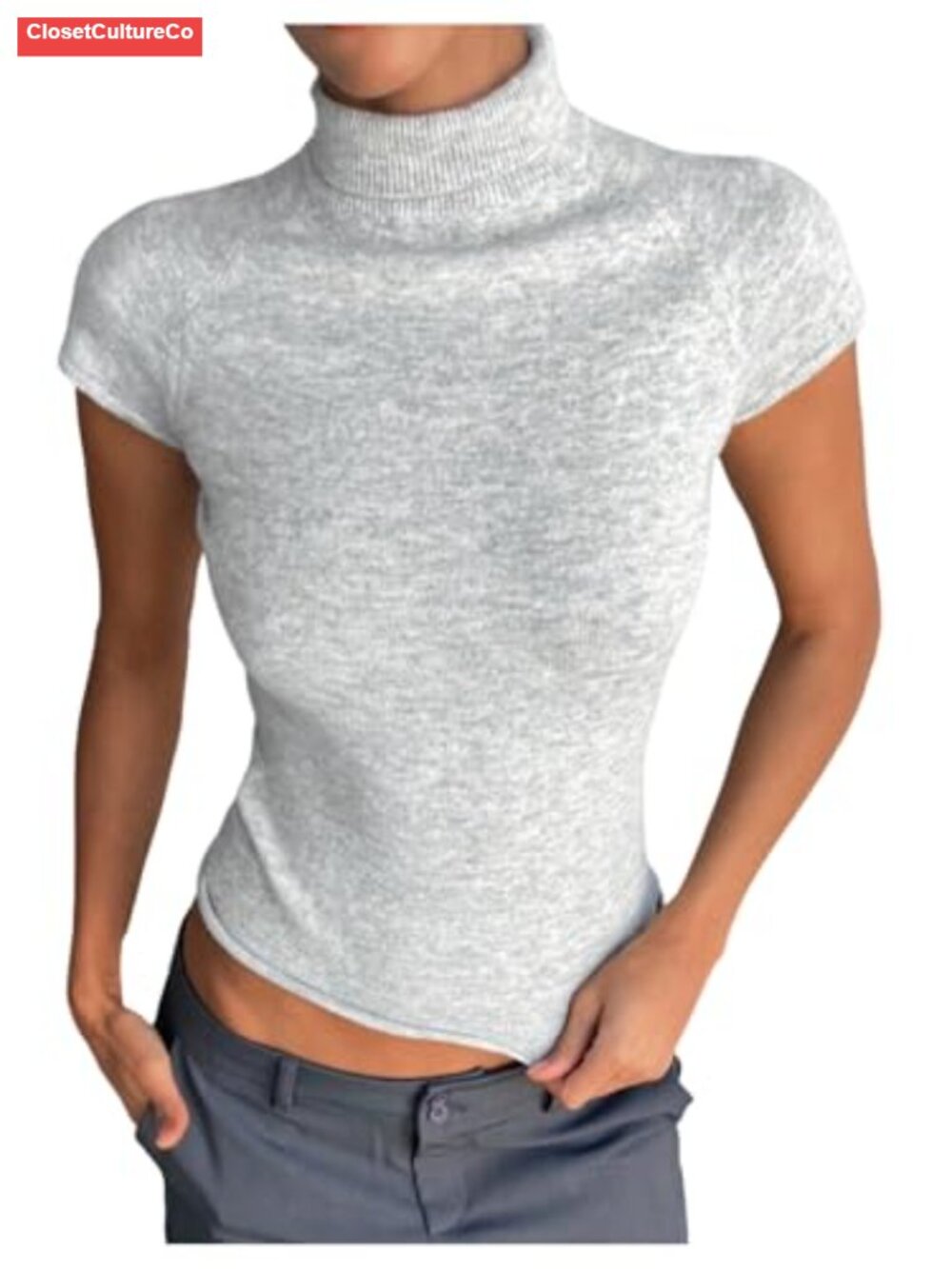 Turtleneck Sweater Cap Sleeve Crop Top Slim Fit Knitted Pullover